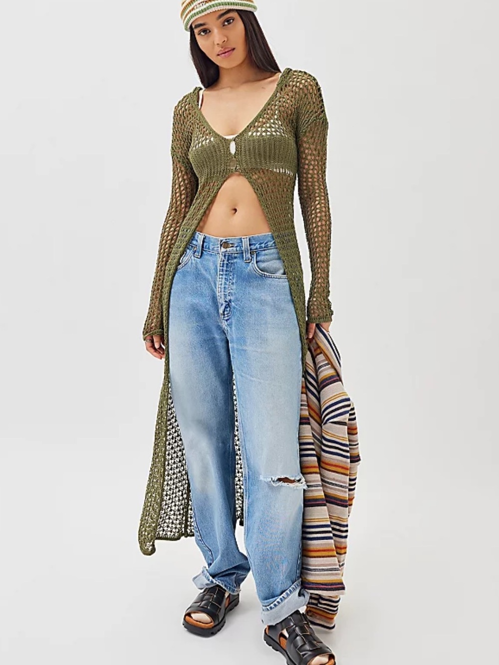 NWT Urban Outfitters Rudie Open-knit Hooded Duster Cardigan In Dark Green Size M
